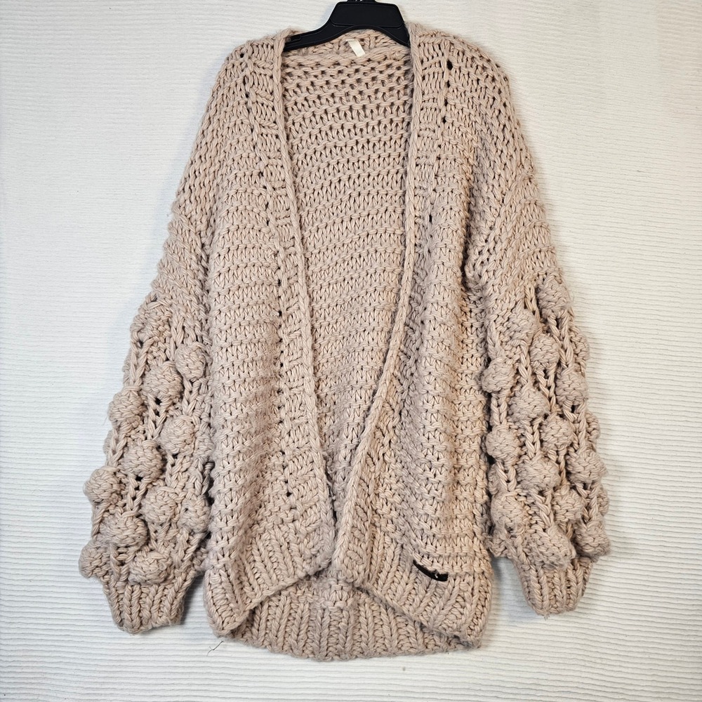Wishlist‎ Beige Chunky Knit Popcorn Bubble Sleeve Open Front Cardigan ML